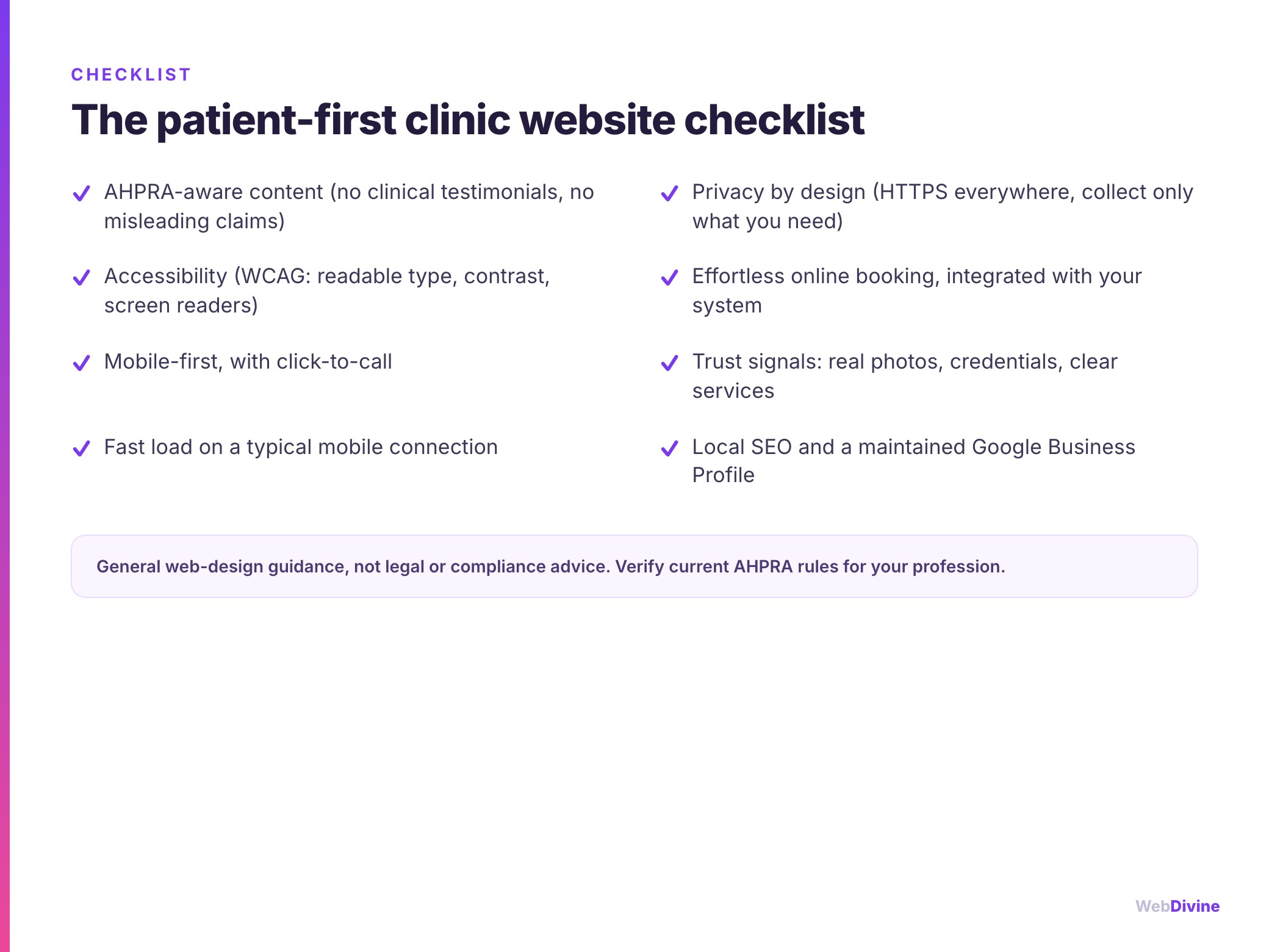 The patient-first clinic website checklist: AHPRA-aware content, privacy, accessibility, booking, mobile, trust, speed and local SEO